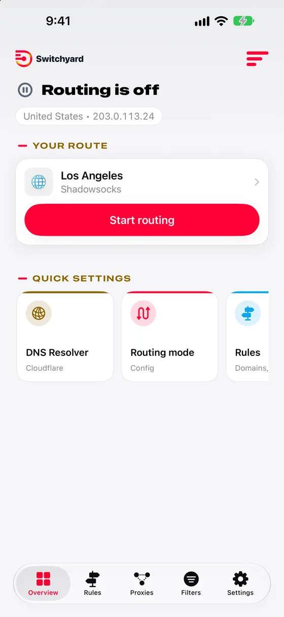 Switchyard Overview screen on iPhone